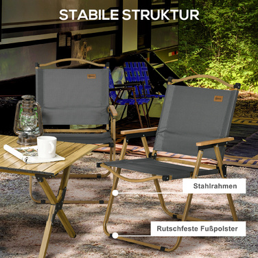 2 розкладні пляжні стільці для кемпінгу, сталевий каркас, імітація дерева, темно-сірий