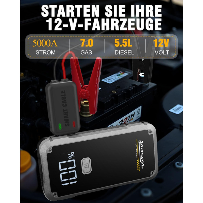 Powerbank Starthilfe VoltSurge 5000A: Зарядний пристрій для автомобіля, пусковий запуск, 5000A, 12V, для бензинових (7.0L) та дизельних (5.5L) двигунів, з LED-ліхтариком