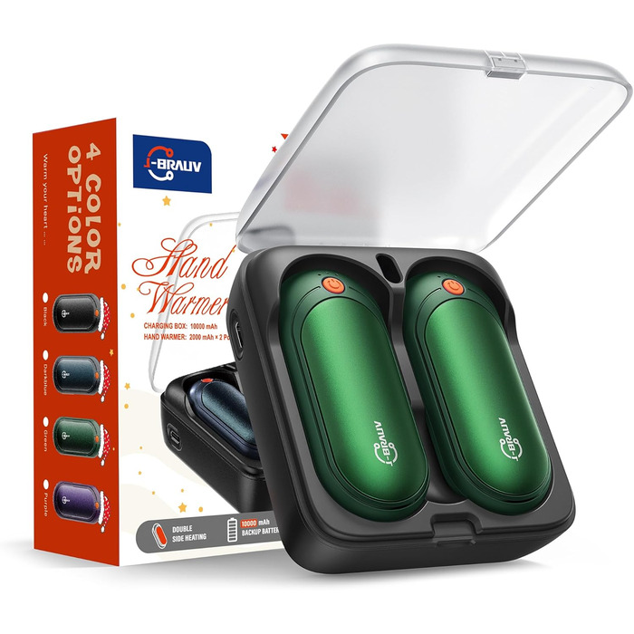 Електричні грілки для рук J-BRAUV 2 шт. 4000mAh з зарядним пристроєм 10000mAh, 3 режими нагріву, USB, до 24 годин, компактні (зелені)