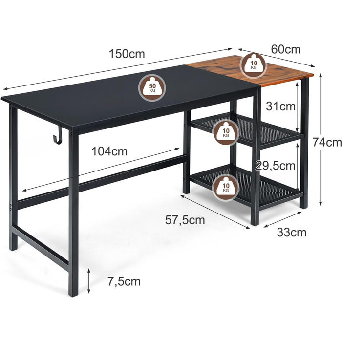 Комп'ютерний стіл COSTWAY 150 см, стіл зі знімними відділеннями для зберігання, промисловий стіл для ноутбука зі сталевою рамою з гачком для навушників, стіл для ПК для домашнього офісу (чорний)