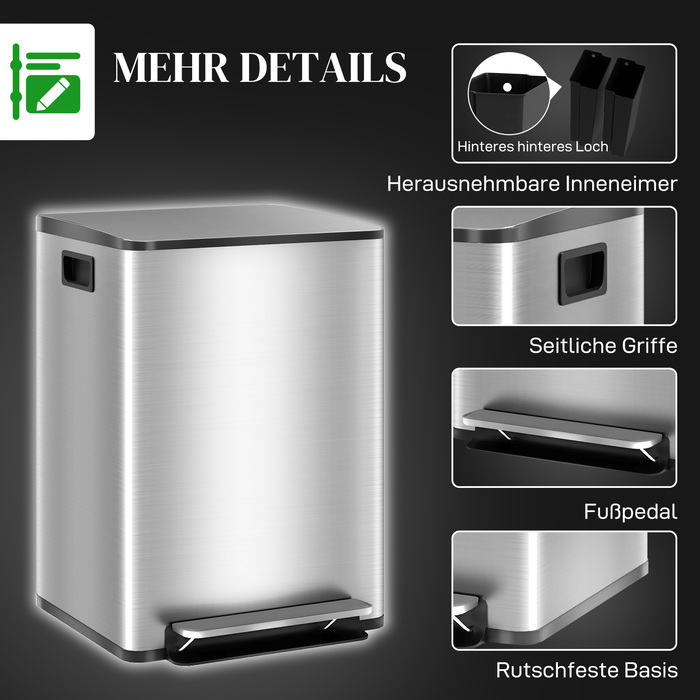 Сміттєвий бак з двома відсіками по 20 літрів, з плавним закриттям кришки, стійкий до відбитків пальців, нержавіюча сталь, сріблястий