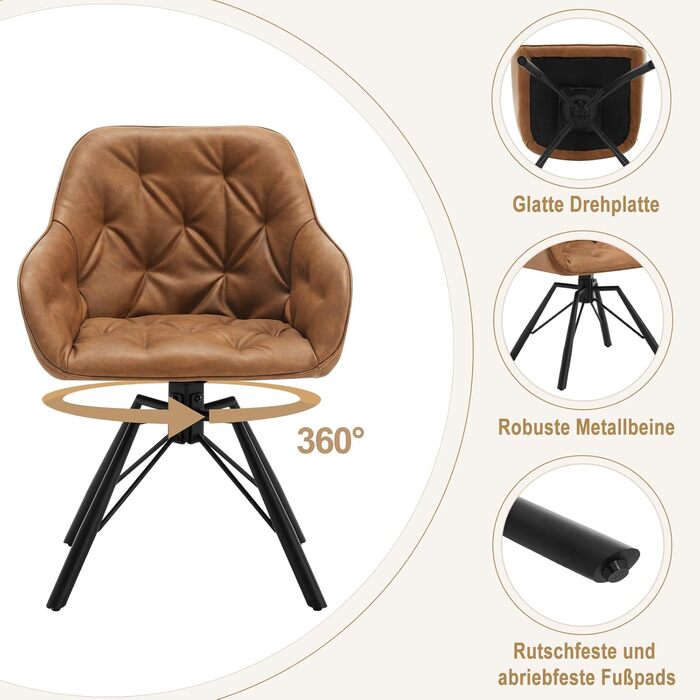 Крісло для їдальні WOLTU EZS61br-1 (світло-коричневе), 6 шт. в наборі: обертове, з підлокітниками, штучна шкіра, для кухні, вітальні, їдальні