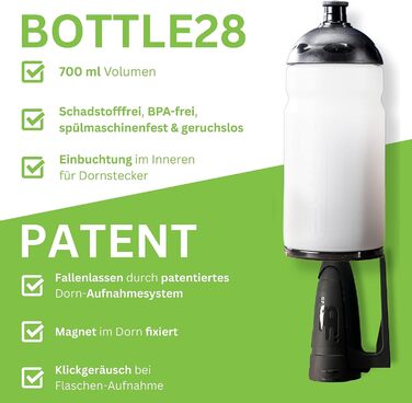 Пляшка28 Велосипедна пляшка для води 700 мл з магнітною кліткою для пляшки та вбудованим сховищем для інструментів Зроблено в Німеччині Прозорий/чорний Інноваційне заглиблення пляшки для закупорювання