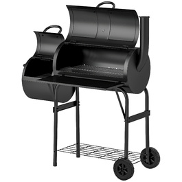 Сталевий вугільний гриль Outsunny BBQ Smoker з кришкою, термометром, колесами, полицею, рухомий гриль-візок з регулюванням подачі повітря, вугільний кошик, вугільний гриль для барбекю, кемпінгу, саду 109x60x120 см | Aosom