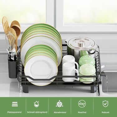 Сушарка для посуду ROTTOGOON розширювана, нержавіюча сталь, з висувним носиком та відділенням для столових приладів, чорна (1-рівнева)