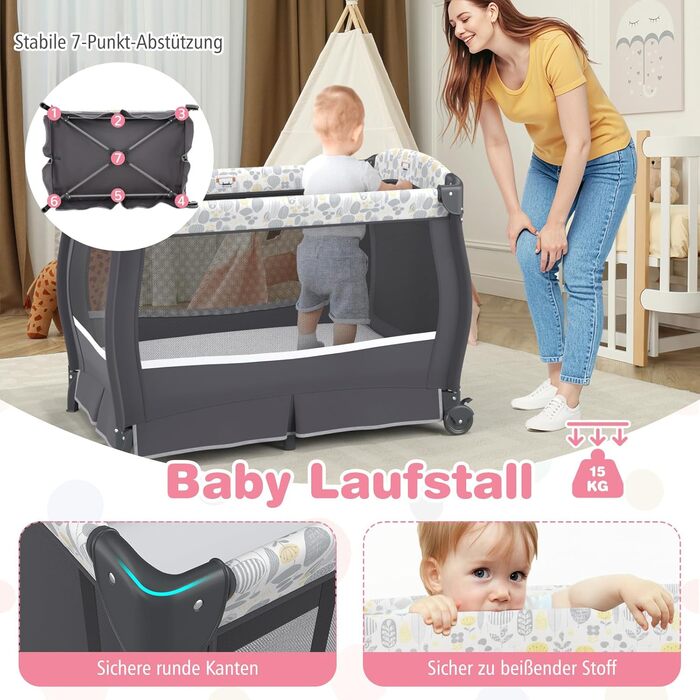 Дитяче туристичне ліжко COSTWAY 5-в-1 з матрацом, функція ліжка-гойдалки, пеленальний столик, музична шкатулка та сумка для перенесення, до 15 кг