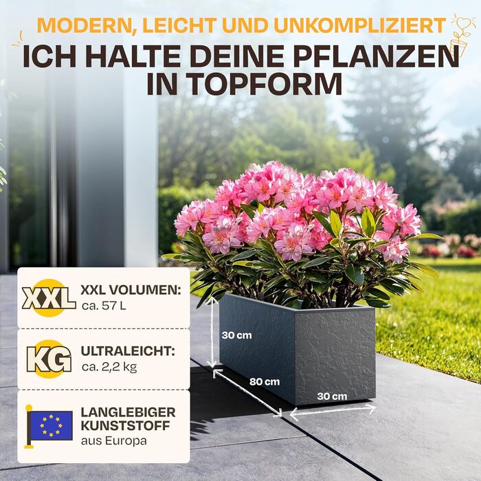 Плантатор Ondis24 Vulkan, 57л, прямокутний, з водосховищем, для балкона/тераси, антрацит