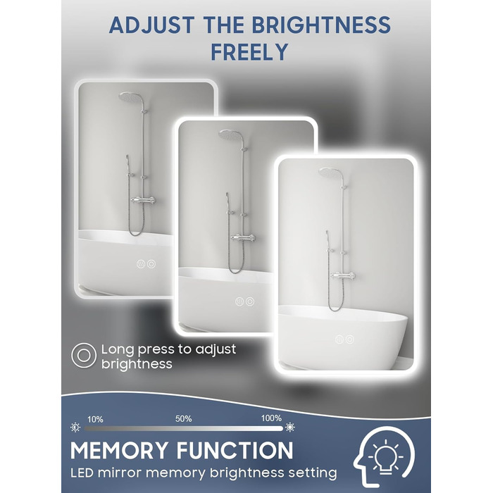 Дзеркало для ванної кімнати Habison з підсвічуванням LED, 50x70 см, сенсорне керування, регулювання кольору світла, пам'ять, протитуманне покриття, матове, без Bluetooth
