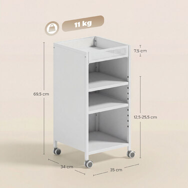 Мобільна полиця для книг з регульованими полицями, 3-рівнева візок з верхньою корзиною, білий