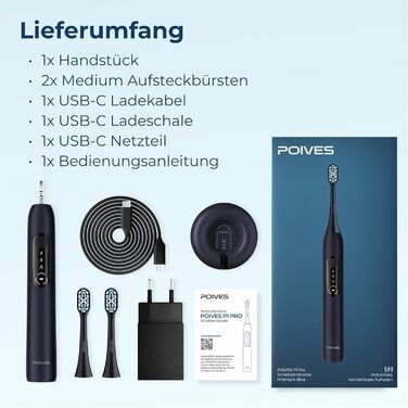 Електрична зубна щітка POIVES P1 Pro з датчиком тиску, 72000 рухів, 4 роки гарантії, 111 днів без ризику, тривалий час роботи, колір: Midnight Blue