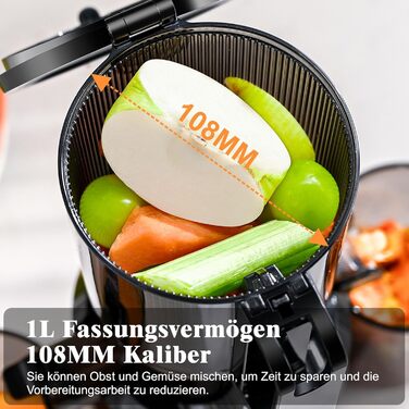 Фреш-прес Fretta: повільний соковичавник з широкою завантажувальною трубою (108 мм), 200W, 1 л, BPA-free Tritan, блакитний