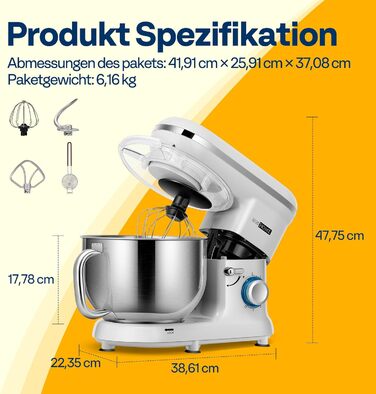 Кухонна машина VIVOHOME 5.7L з місткістю 5.7 літрів, потужністю 660W, 10 швидкостей, функцією імпульсу, для замішування тіста, з бризковим захистом, містить гак для тіста, вінчик та роздільник яєць (срібна)