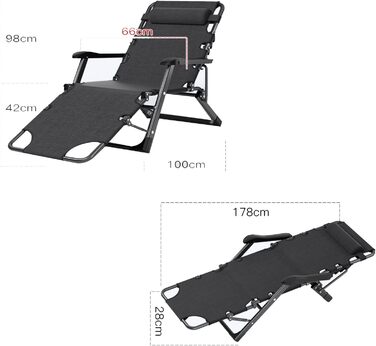 Шезлонг для відпочинку на відкритому повітрі: садова лежанка з регулюванням кута нахилу, чорна, 96x63x12 см, з подушкою з бавовни