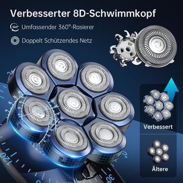 Бритва чоловіча електрична, базівве 7 в 1, 8 обертових бритвених головок, IPX7 водонепроникна, LCD, синя