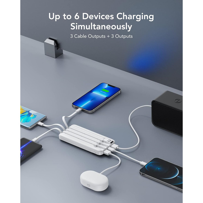 Кабелі, LED-дисплей, 6 виходів, сумісний з iPhone, Huawei, Samsung, 10000mAh, USB C, 4