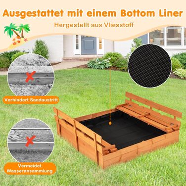 Пісочниця COSTWAY з лавками, 120x120 см, дерев'яна, з кришкою та підстилкою, для дітей, на вулицю, для саду, балкону, тераси