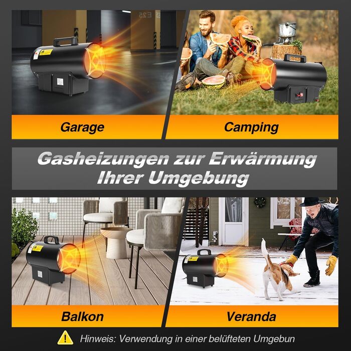 Газовий нагрівач для приміщень Ikodm (15 кВт), 220V, 320 м³/год, з газовим шлангом 1,2м та редуктором тиску 700 мбар