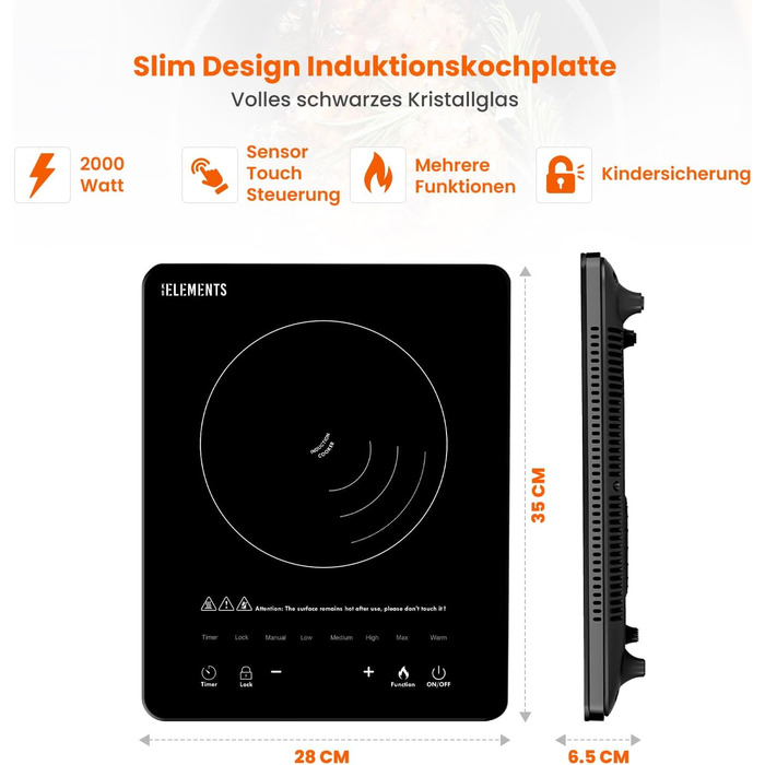 ЕЛЕМЕНТИ KB Індукційна варильна поверхня - конфорка, Індукційна плита 2000 Вт, Варильна поверхня, 1 варильна поверхня Індукційна плита, 1 плита, Одна мобільна варильна поверхня, Індукційна плита мобільна, Кемпінгова конфорка