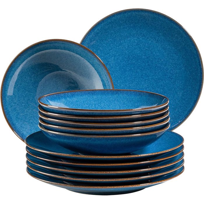 Набір тарілок Ossia для 6 середземноморських вінтажних стилів Сучасний обідній сервіз із 12 предметів із суповими тарілками та обідніми тарілками Королівська синя порцелянова плитка 931946 серії