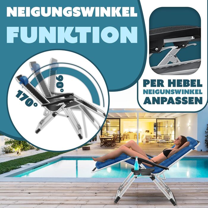 Шезлонг KESSER® для саду, широке крісло, водостійкий, вантажопідйомність 200 кг, ергономічна подушка, регульована спинка, підголовник, тримач для напоїв, підлокітники та бічна кишеня (без сонцезахисного даху), колір: темно-синій