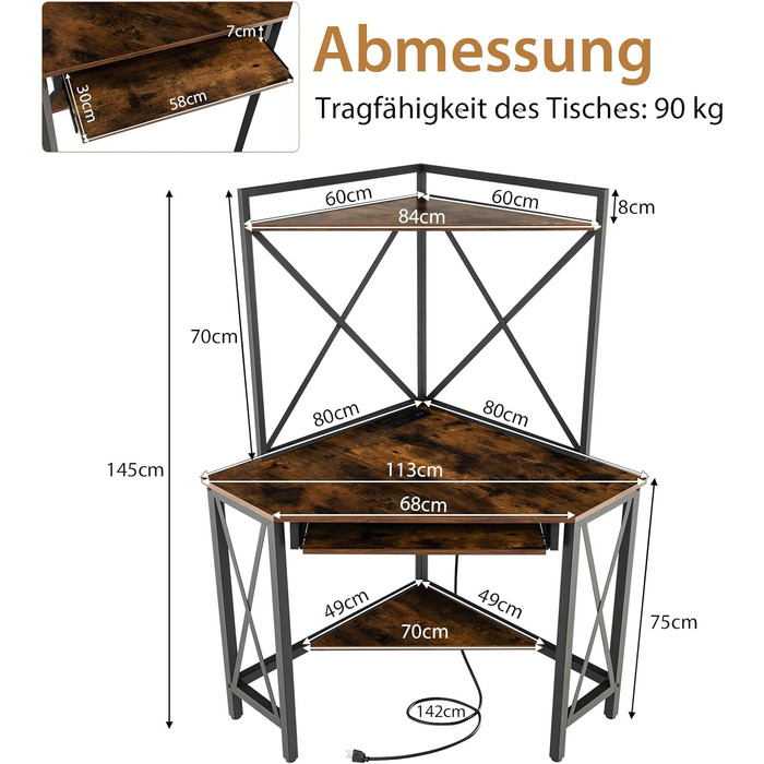 Стіл COSTWAY із зарядною станцією, кутовий комп'ютерний стіл із лотком для клавіатури та 2 полицями, металевий каркас офісного столу, робочий стіл для домашнього офісу, 80 x 80 x 145 см (вінтаж)