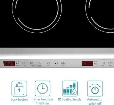 Подвійна індукційна конфорка Navaris 3500 Вт - 2 варильні поверхні з таймером Сенсорний дисплей Виявлення горщика - Індукційна плита Конфорка Портативна - Чорна