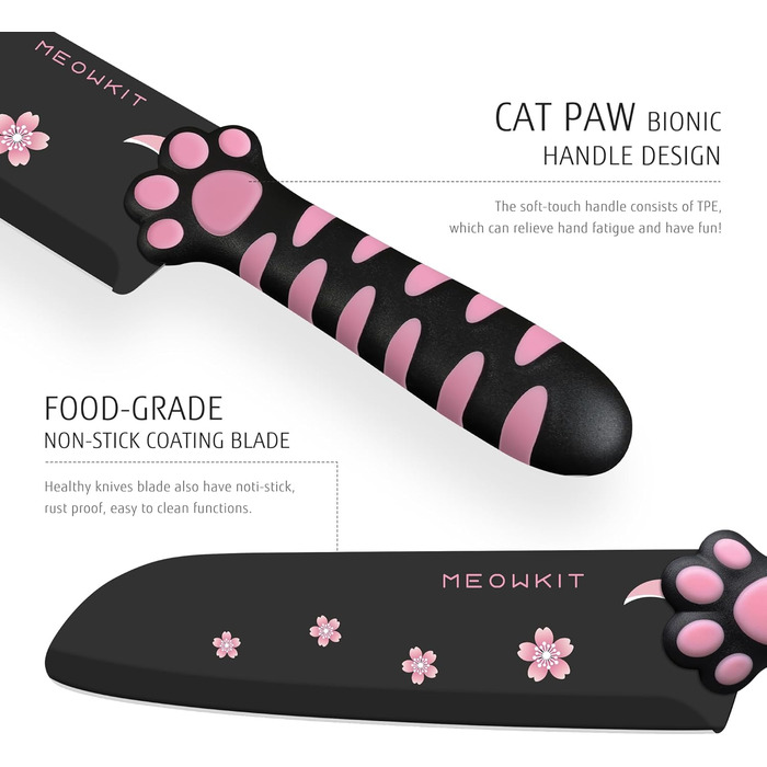 Набір кухонних ножів MEOWKIT 5 шт. з підставкою, нержавіюча сталь, набір ножів у формі котів, чорний/рожевий