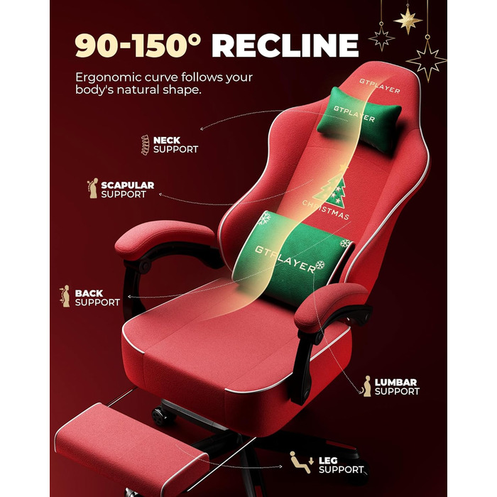 Ігровий крісло GTPLAYER з різдвяним мотивом, з підніжкою, широке сидіння, з подушкою для спини та синхронізованими підлокітниками для великих людей, велюр, червоний, на Різдво