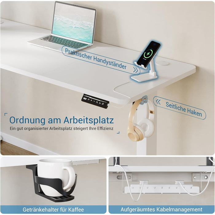 Регульований стіл 140 x 60 см з USB-C зарядкою, електричний, з функцією пам'яті, для офісу, стоячий/сидячий, білий Pro, 140x60 см