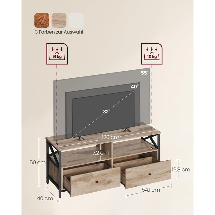 Тумба під ТВ VASAGLE, 120 см, для телевізора до 55 дюймів, 2 шухляди, 2 відкриті полиці, сталевий каркас, вінтажний колір, LTV300B01