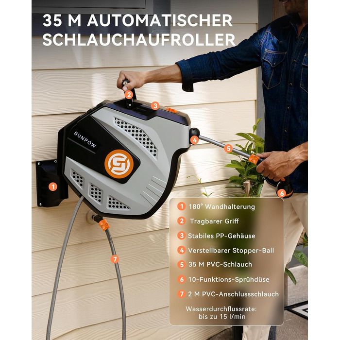 Шланг для поливу SUNPOW RollUp: автоматичний барабан з 10 функціональними розпилювачами, монтаж на стіну, поворот 180°, сірий (35м)