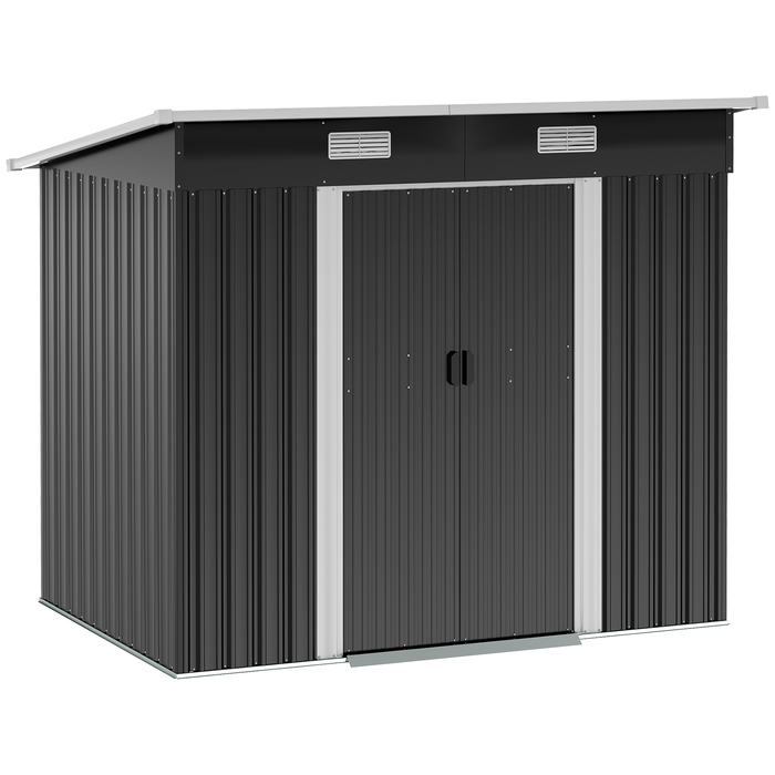Сарай для інструментів Outsunny, металевий, 2,3 м², 207 x 130 x 182 см, з похилим дахом, вікном, фундаментом, розсувними дверима, стійкий до погодних умов, садовий будиночок, для саду, шоп для заднього двору, чорний колір | Aosom