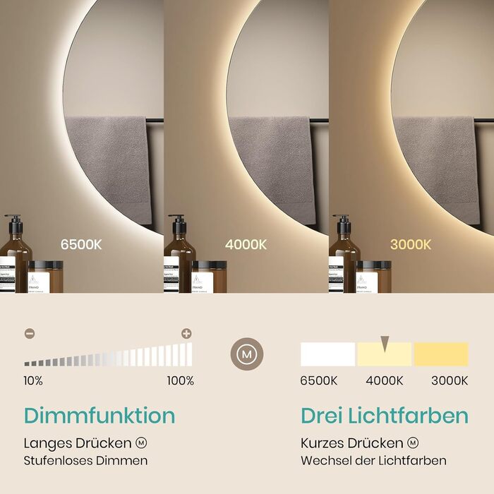 Дзеркало для ванної кімнати EMKE з підсвічуванням, 50 см, кругле, без рами, з регулюванням яскравості, 3 кольори світла, антизапар, сенсорне управління, функція пам'яті, 60x60 см
