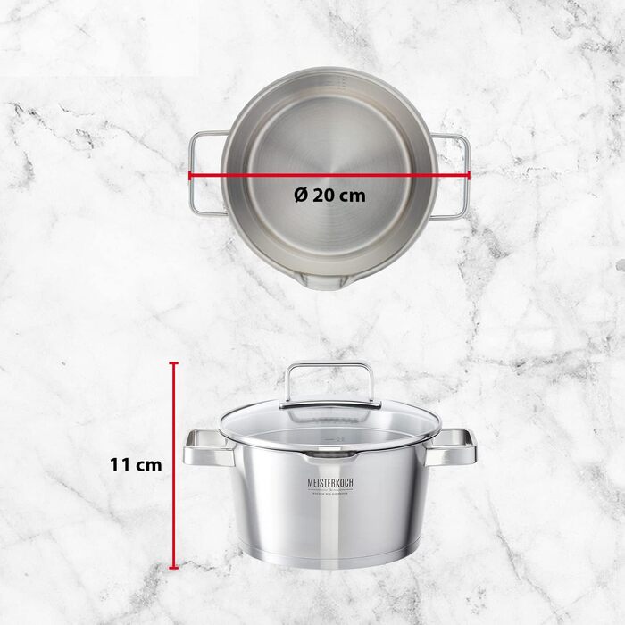 Каструля Meisterkoch з нержавіючої сталі 16 см Ø | з виливом, внутрішньою шкалою та ізольованою ручкою | 1 скляна кришка з дрібним та великим ситом | Кухонне приладдя, нержавіюча сталь, індукційне дно (20 см)