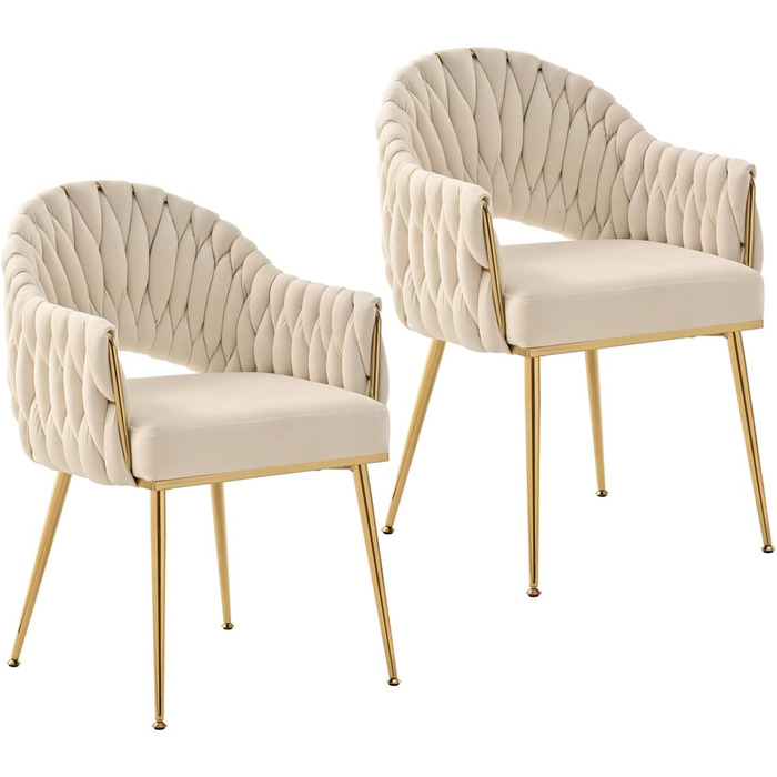 Набір з 2 обідніх стільців Samt, крісла для вітальні, стільці для кухні з підлокітниками, стільці для макіяжу з золотими ніжками, стільці для балкону білого кольору