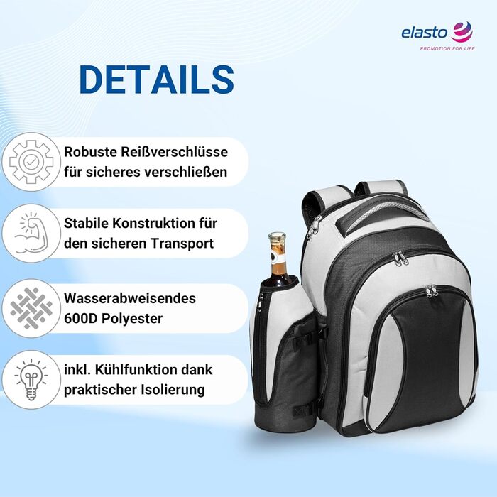 Набір для пікніка на 4 особи - 21 предмет. Водонепроникний рюкзак-холодильник Deluxe з великим відділенням для охолодження, похідний посуд та багаторазовий посуд чорного/сірого кольору