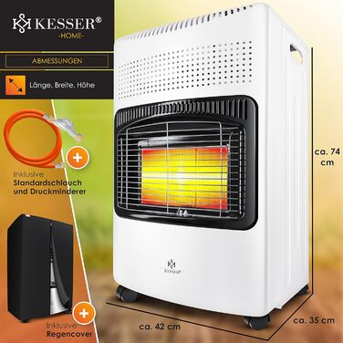 Газовий обігрівач KESSER 4200W з керамічним нагрівачем, регулятором, шлангом та захисним кожухом. Підходить для бутану/пропану до 15кг. Чорний