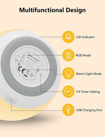 Нічник MediAcous LED для дітей, 7 кольорів, з можливістю затемнення, USB, таймер 1H, сенсорний, до 100 год, білий