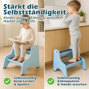 Дерев'яний трисходовий стільчик для дітей Tritthocker – безпечний, з антиковзним покриттям, для ванної та кухні, скандинавський дизайн, колір: натуральний (блакитний)