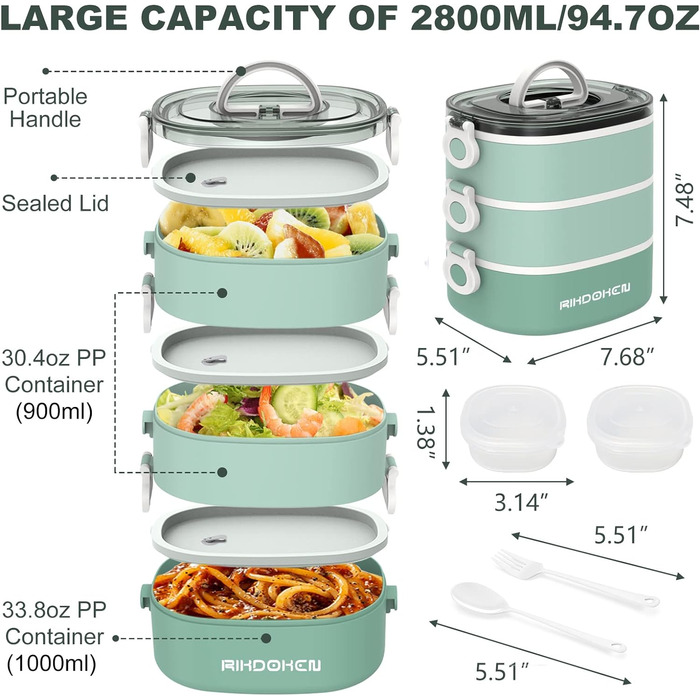 Ланчбокс, штабельований, 3-шаровий, 2,7 л, герметичний, бенто-бокс зі столовими приборами, можна використовувати в мікрохвильовій печі, A-зелений