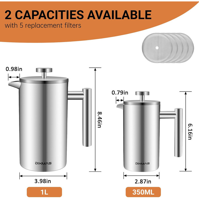 Френч-прес Dixmas для кави, нержавіюча сталь, 350 мл (2 чашки), термоізольований, двостінний