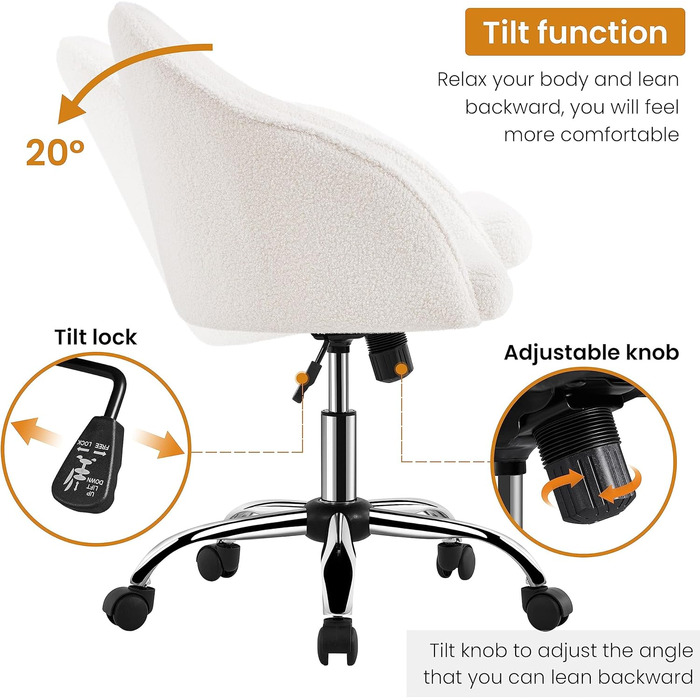 Крісло Yaheetech для дому та офісу: пуф для макіяжу, регульоване по висоті, поворотне, оксамитове, для робочого кабінету, спальні, дихаюче, на коліщатках, до 136 кг, слонова кістка