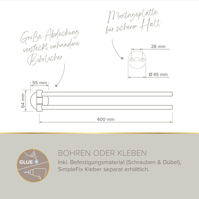 Настінний тримач для рушників Lenz Juna in, графіт, 40 см, з антибліковою поверхнею, для кріплення на стіну (на клей або шурупами)