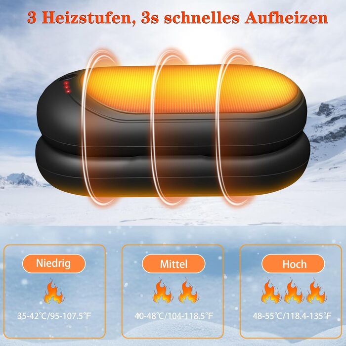 Електричний нагрівач для рук, перезарядна пара, 6000mAh, USB-кабель, 3 режими нагріву, 20 годин тепла, для активного відпочинку взимку, чорний