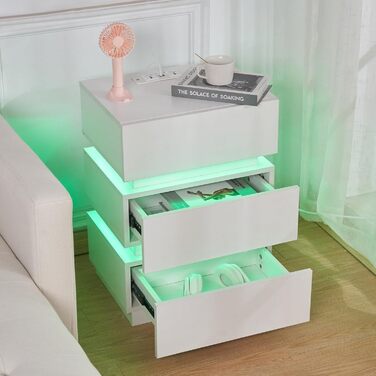 Нічний столик з розеткою та LED, нічний комод з функцією зарядки та USB, 2 висувні ящики (45x35x46/62 см, білий, набір 2 шт.)