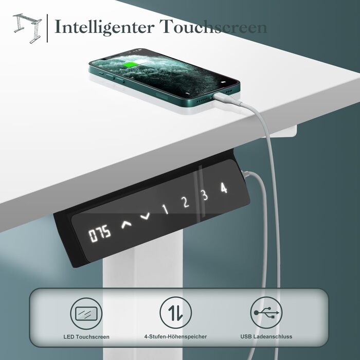 Електричний стіл-трансформер JUMMICO з регулюванням висоти, USB-порт та підставка для кабелів (білий)