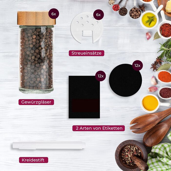 Набір баночок для спецій, 24 шт по 100 мл з етикетками та дерев'яними кришками | Набір баночок для спецій, баночки для приправ, зберігання спецій