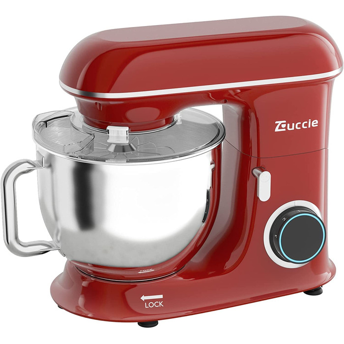 Кухонна машина Zuccie з тихою роботою, місткістю 5л, з нержавіючою сталевою чашею, 3 насадки, захист від бризок, скребок для тіста та роздільник яєць, 8+ швидкостей