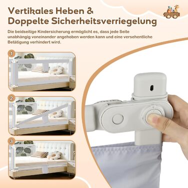 Захисний бортик для ліжка дитячий Ikodm 2x200 см + 1x180 см, регульована висота 64-96 см, сірий