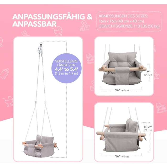 Дитяча гойдалка Cateam з дерева для дому та саду. Безпечний ремінь, від 12 місяців. Різні кольори (тауп-сірий)